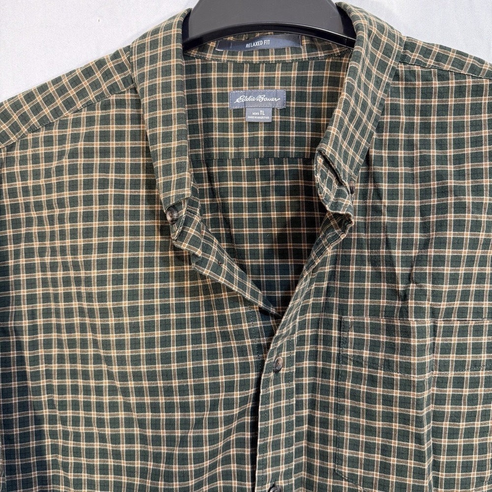 Eddie Bauer Green Check‎ Striped Long Sleeve Relax Button Shirt Men's TL Cotton